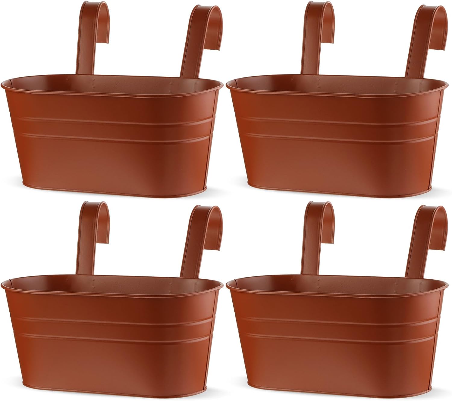 Hicarer 4 vasos de flores de metal pendurados, plantadores pendurados em cerca de 26 cm para plantas ao ar livre, varandas, suporte de plantas de janela com ganchos para decoração de casa e jardim 1 Hicarer 4 vasos de flores de metal pendurados plantadores pendurados