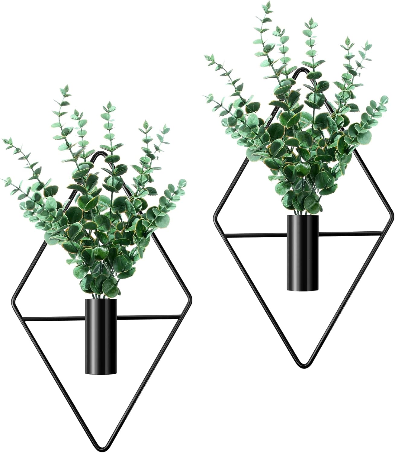 Jexine 2 plantadores suspensos com vaso de metal artificial de eucalipto, suporte para plantas internas, moderno, geométrico, boêmio, decoração de parede para sala de estar, escritório em casa (preto) 1 Jexine 2 plantadores suspensos com vaso de metal artificial de