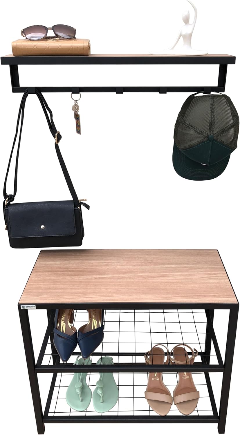 Kit Sapateira e Cabideiro Strassis Design SD-3501-60 Metal e MDF Cor: Preto 1 Kit Sapateira e Cabideiro Strassis Design SD 3501 60 Metal e MDF