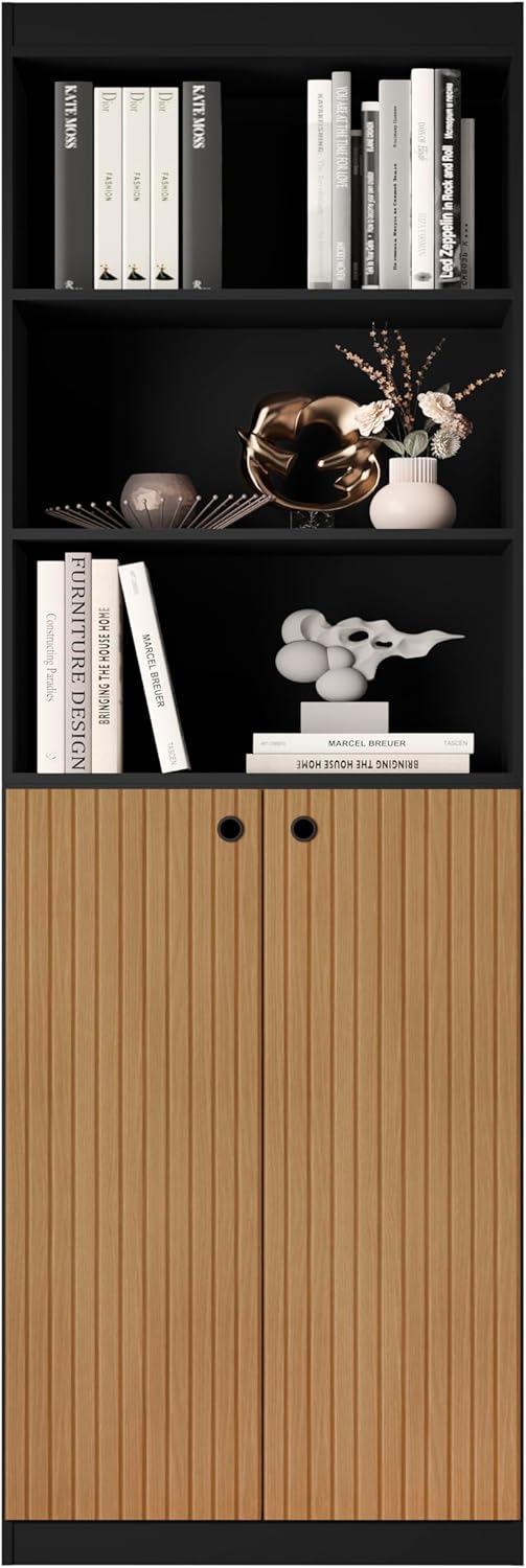 Organizador Livreiro Para Sala Escritório, 05 Prateleiras, 02 Portas, Preto/Ripado 1 Organizador Livreiro Para Sala Escritorio 05 Prateleiras 02 Portas PretoRipado