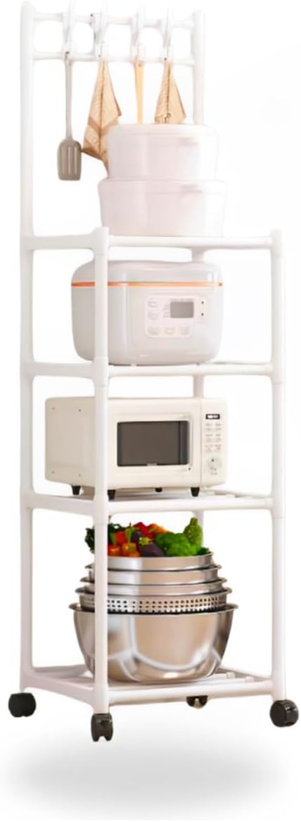 Rack Estante Móvel De 4 Camadas Com Ganchos, 4 Rodas Giratórias De 360°, Adequada Para Uso Em Cozinha/banheiro, Material: Tubo De Aço Galvanizado + Plástico Pp 1 Rack Estante Movel De 4 Camadas Com Ganchos 4 Rodas