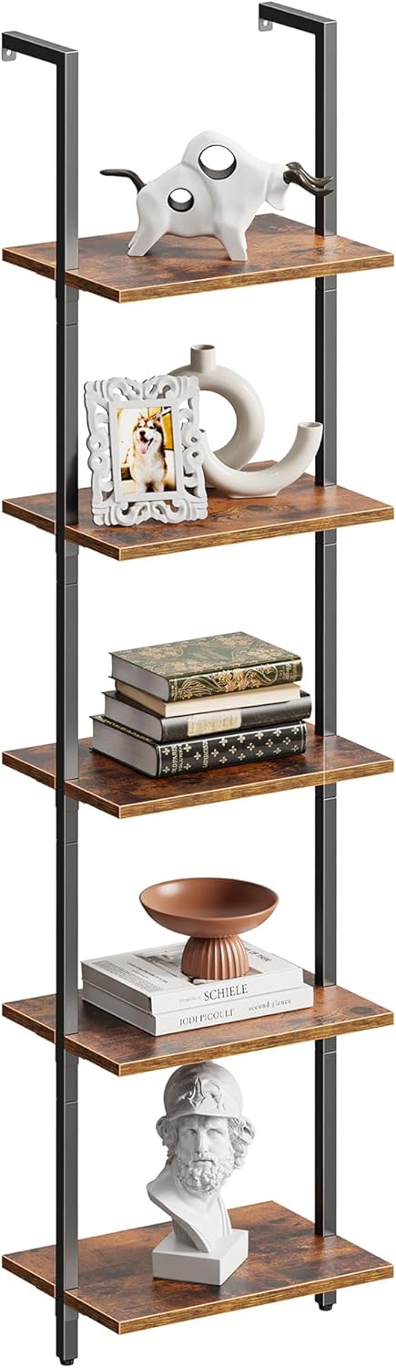 SUPERJARE Estante de livros de 5 camadas, prateleira estreita com prateleiras abertas, pequena estante com moldura de metal para quarto, sala de estar, marrom rústico 1 SUPERJARE Estante de livros de 5 camadas prateleira estreita com