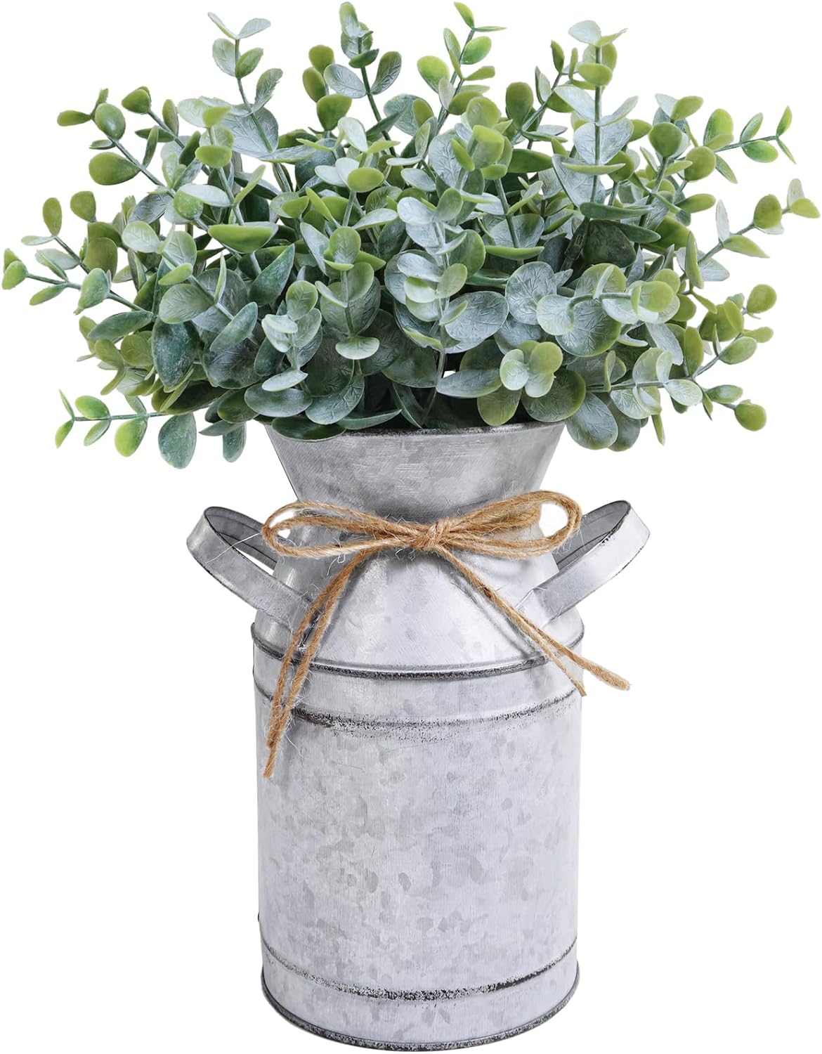 Winlyn Lata de leite de metal galvanizado de fazenda com arranjo de vegetação artificial de eucalipto plantas falsas centros de mesa de fazenda 30 cm de altura para decoração de prateleira de mesa 1 Winlyn Lata de leite de metal galvanizado de fazenda com