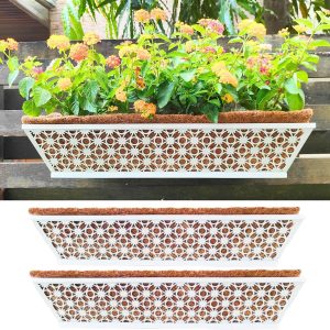 LaLaGreen – Vaso de parede retangular de metal branco para plantas ao ar livre (pacote com 2 unidades, 61 cm) com forro de coco, suporte de plantas para pendurar no deck, varanda moderna, cerca