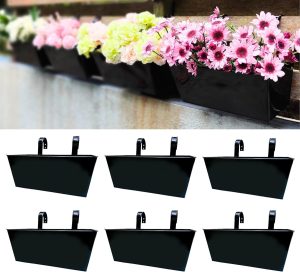 LaLaGreen Plantador de trilho externo (pacote com 6, 40,6 cm) grande de metal preto para pendurar na parede, vasos de flores de morango, retangular para varanda e varanda