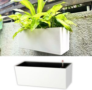 LaLaGreen Vaso de parede para uso externo (35,5 cm) montado na parede, sistema de irrigação automática, caixa de flores brancas com suporte, vaso retangular para pendurar na parede, vaso de plantas,