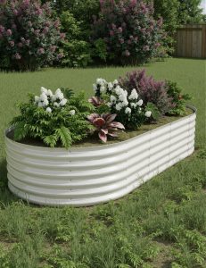GarveeLife Canteiro de jardim galvanizado elevado ao ar livre, 2,4 x 1,2 x 0,5 m, caixa de plantador de metal oval para flores, legumes, ervas - bege