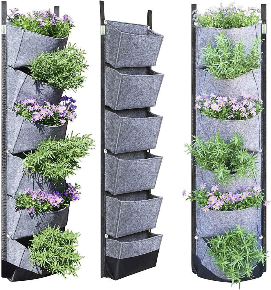 BUYTER Vaso de jardim vertical para pendurar na parede com 6 bolsos, vasos de flores, vasos de feltro para vasos de flores (cinza) 1 BUYTER Vaso de jardim vertical para pendurar na parede com
