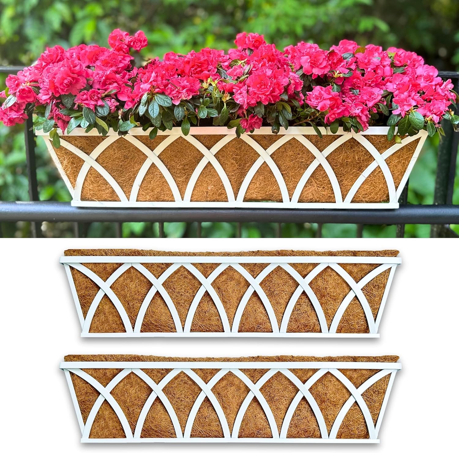 Plantador de parede LaLaGreen – Pacote com 2, caixa de flores retangulares de metal branco de 76 cm com forro de coco, suporte de plantas para cesta de flores, trilhos de terraço, cavalo, varanda e 1 Plantador de parede LaLaGreen – Pacote com 2 caixa de
