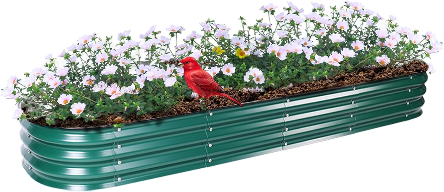 Yuanjimi Kits de cama de jardim elevados galvanizados, 28 cm de altura, 9 em 1, 2,4 m x 0,6 m, canteiro elevado de metal para plantador de vegetais e flores - oval verde escuro 1 Yuanjimi Kits de cama de jardim elevados galvanizados 28 cm