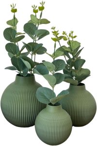 Trio De Vasos Decorativos Com Flores de eucalipto Artificial Toque Real (Vaso VERDE/Folha VERDE)