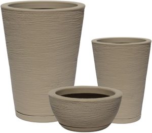 Kit 3 Vasos Decorativo Para Plantas em Polietileno Coluna Cone N1 N2 e Bacia (Bege)