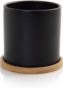 Vaso Cachepot para Planta com Prato e Tampa para o Fundo Cube P Porcelana Preto Fosco Pozzani