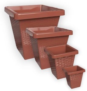 Conjunto 4 Vasos de Planta Quadrado Rattan Tamanhos Diferentes Pratic Plásticos (Marrom)