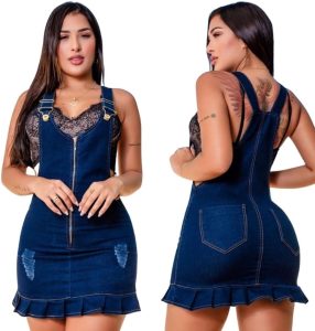Jardineira Jeans Feminina com Saia e Babado, Azul Marinho