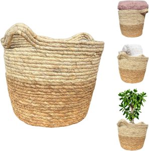 Cesto de Fibra Natural Seagrass Palha Vaso Cachepot Plantas Pequeno Redondo Decorativo Organizador C/Alça (Médio 29x22cm)