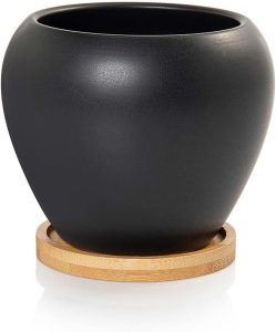 Vaso Cachepot para Planta com Prato de Bambu e Tampa para o Fundo Doha Porcelana Preto Fosco Pozzani