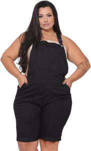 Jardineira Curta Plus Size Alleppo Jeans, Preta, com Bolsos e Lycra