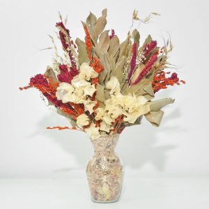 Arranjo de flores desidratadas petit core vibrantes + vaso de vidro
