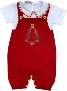 Jardineira Árvore de Natal Tricô Bordada + Body Gola V Bordado Algodão - Para Bebê Recém Nascido Até 2 Anos - Menina/Menino
