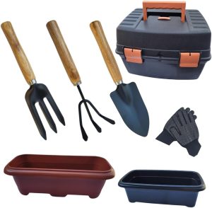 Conjunto Jardinagem e Horta Completo - Ferramentas Metálico com Cabo de Madeira e Maleta Grande (7 Peças: Pá, Garfo, Ancinho, 2 Jardineira e Luva)