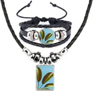 Conjunto de joias de couro natural com imagem de planta de céu azul