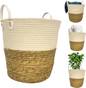 Cesto de Palha Fibra Natural Seagrass Redondo Minimalista Boho Cachepot Plantas Decorativo Organizador Com Alça (Grande 36x40cm)