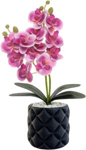 Vaso Decorativo com Orquídea Artificial 30cm Premium (Vaso preto/Orquidea Pink)