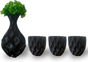 Vaso Ondulado + 3 Cachepots Para Suculentas Design Moderno (Preto)