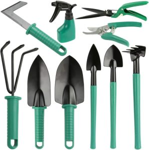 Kit de Jardinagem Profissional com 10 Peças em Maleta, Metal, Tesoura, Ancinho, Rastelo, Roxo (VERDE)