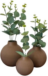 Trio De Vasos Decorativos Com Flores de eucalipto Artificial Toque Real (Vaso MARROM/Folha VERDE)