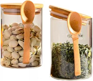 LUMAI Kit 2 Potes de Vidro Porta-mantimentos 550ml com Tampa de Bambu Hermética e Colher Acoplada, Frascos Recipientes Para Armazenar Café, Açúcar, Temperos, Potes Organizadores Cozinha Minimalista