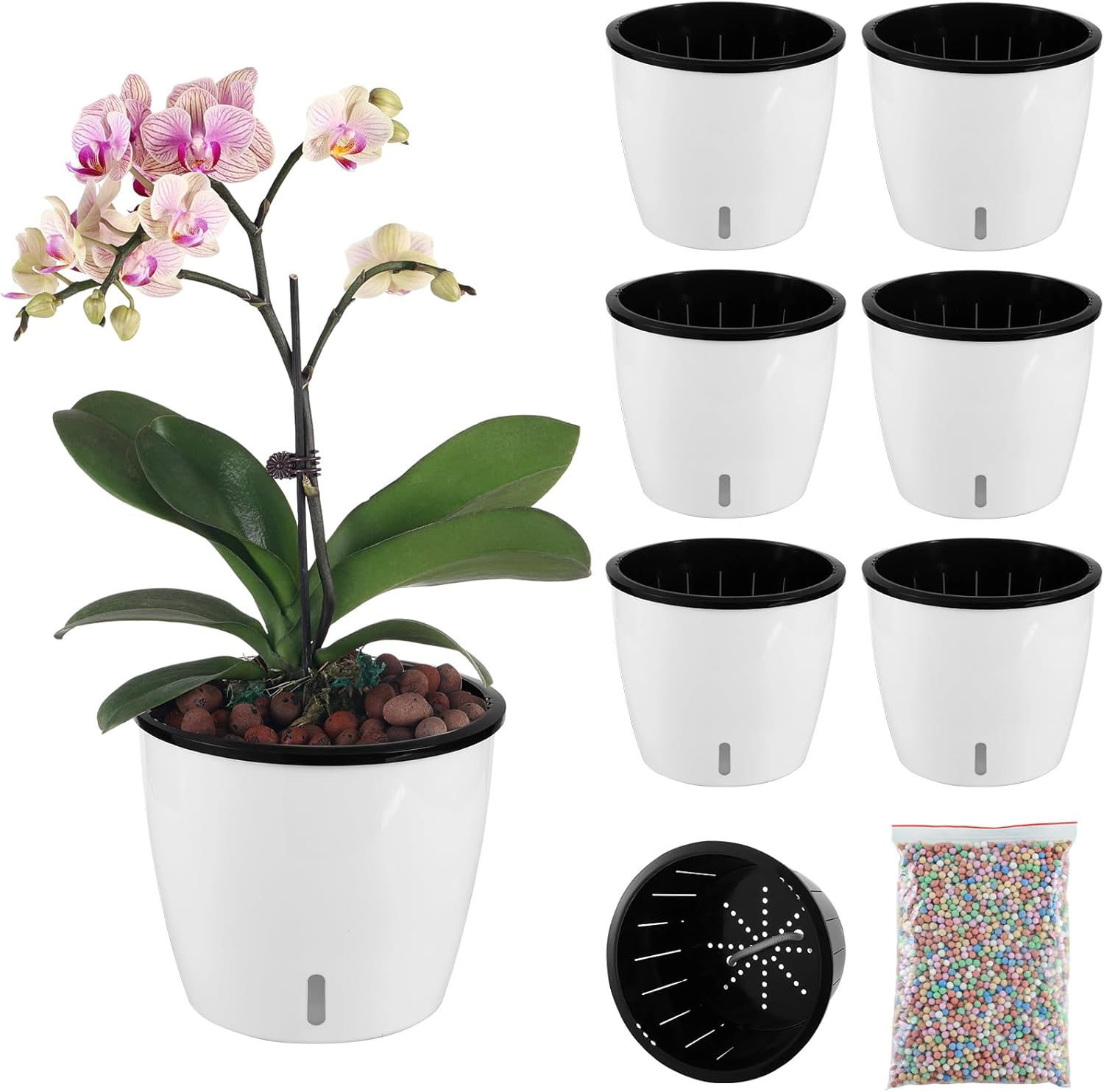 6 pacotes de vasos brancos autoirrigáveis de 16,7 cm para plantas de interior com indicador de água e vasos de pavio preto, vasos grandes de violeta africana, vasos autoirrigáveis para hera do diabo, 1 6 pacotes de vasos brancos autoirrigaveis de 167 cm para