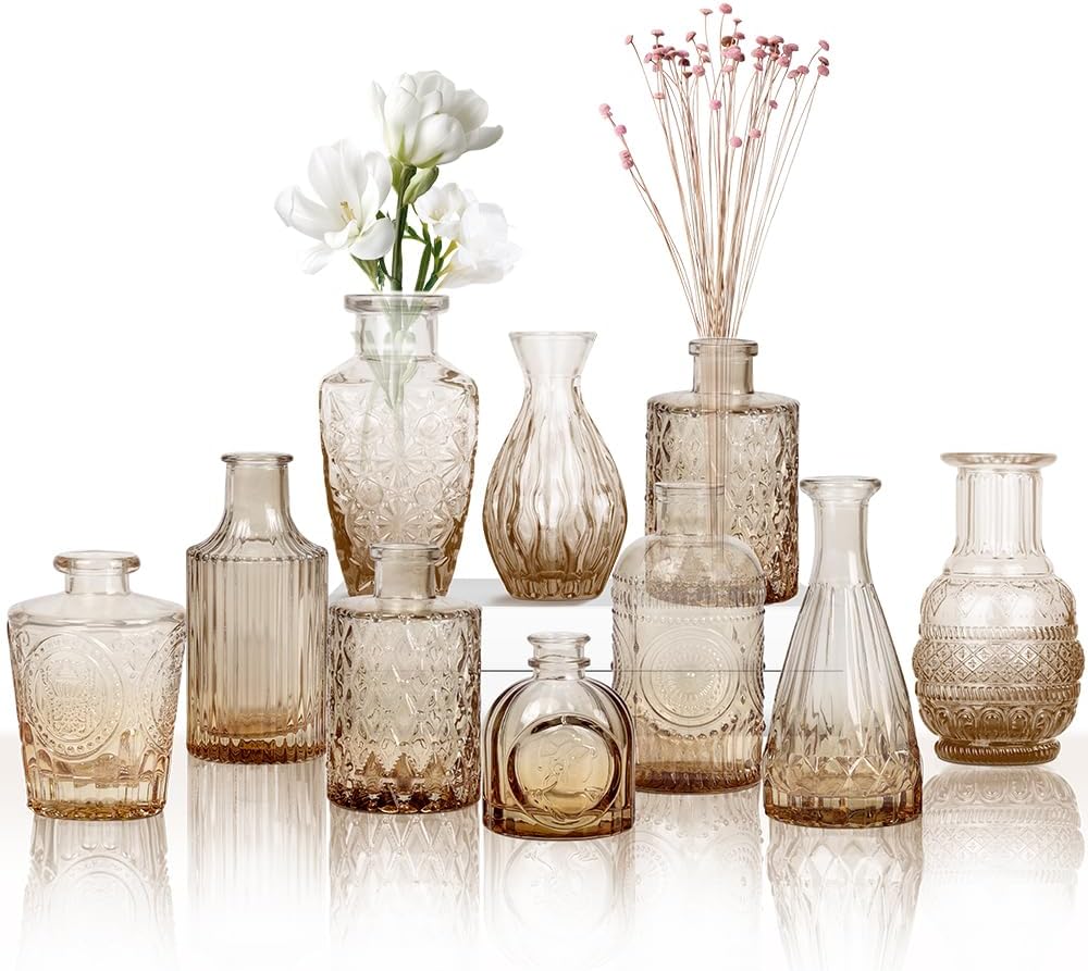 Conjunto de 10 Vasos Pequenos Decorativos de Vidro para Sala e Flores (Marrom) 1 Conjunto de 10 Vasos Pequenos Decorativos de Vidro para Sala