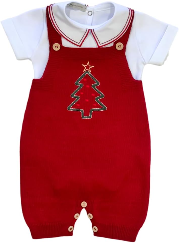 Jardineira Árvore de Natal Tricô Bordada + Body Gola V Bordado Algodão - Para Bebê Recém Nascido Até 2 Anos - Menina/Menino 1 Jardineira Arvore de Natal Trico Bordada Body Gola V
