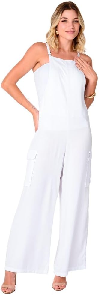 Jardineira de Viscose com Bolsos B’Bonnie Liz Branca 1 Jardineira de Viscose com Bolsos BBonnie Liz Branca