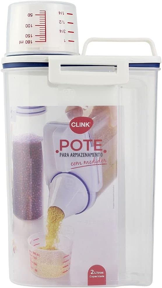 Jheppbay Pote Hermético para Armazenamento com Bico e Copo Medidor 2L - Transparente com Detalhes em Branco e Azul Escuro - 29cm Altura/15cm Largura/10cm Profundidade 1 Jheppbay Pote Hermetico para Armazenamento com Bico e Copo Medidor
