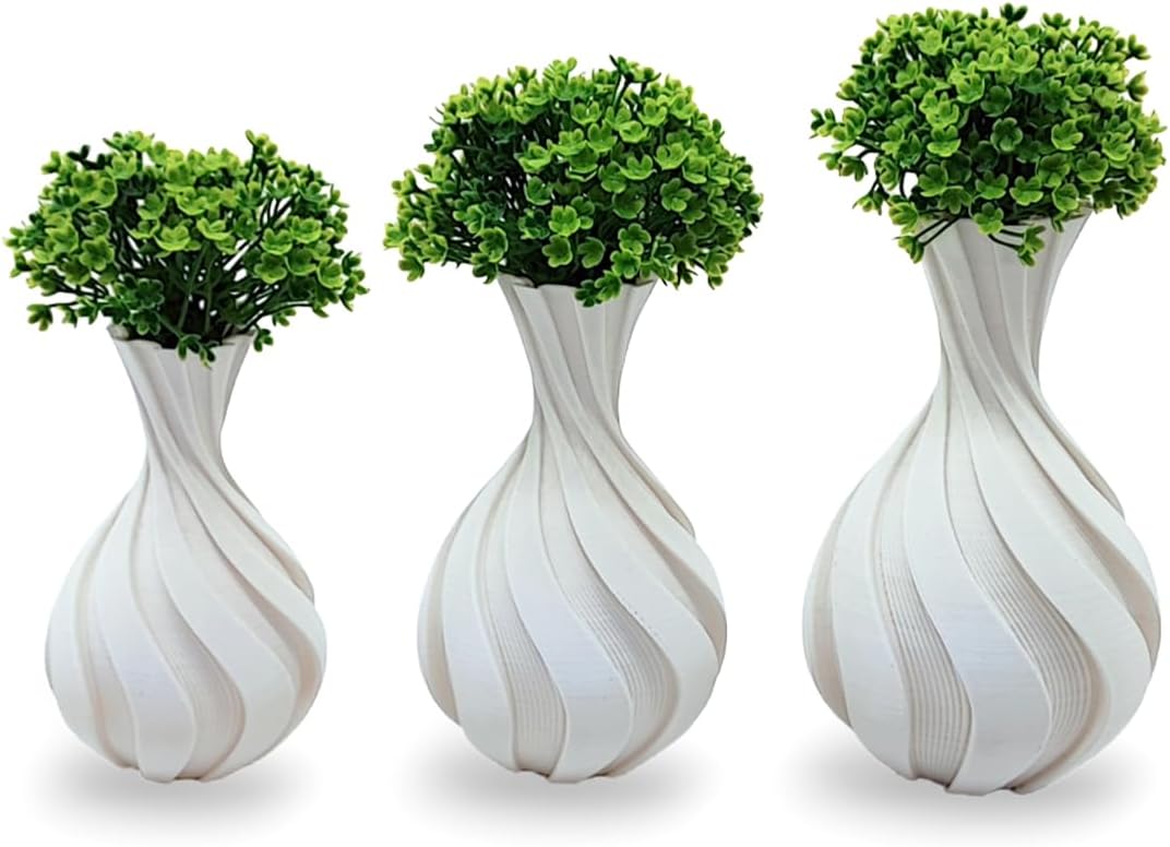 Kit 3 Vasos Jarros decorativos com plantas artificiais - Modelo Vasos/Jarros Espirais (Branco) 1 Kit 3 Vasos Jarros decorativos com plantas artificiais Modelo