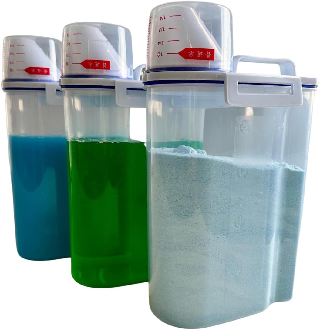 Kit Lavanderia com 3 Potes Herméticos – Acompanha Copo Medidor e Bico Dosador, Ideal para Sabão em Pó, Amaciante e Itens de Limpeza, Vedação Segura, Multiuso, Organização e Praticidade no Dia a Dia. 1 Kit Lavanderia com 3 Potes Hermeticos – Acompanha Copo Medidor