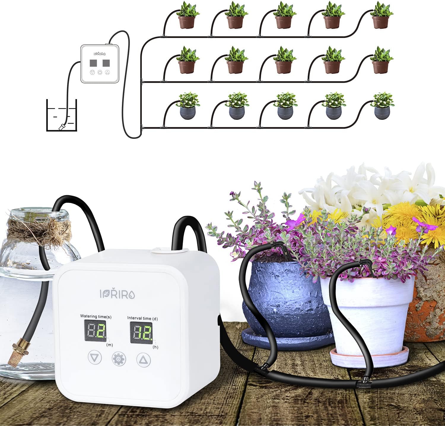 Kit de irrigação por gotejamento automático com USB, sistema de rega doméstica com temporizador programável de 30 dias e cabo de carregamento USB de 5 V, para 15 vasos de plantas 1 Kit de irrigacao por gotejamento automatico com USB sistema de