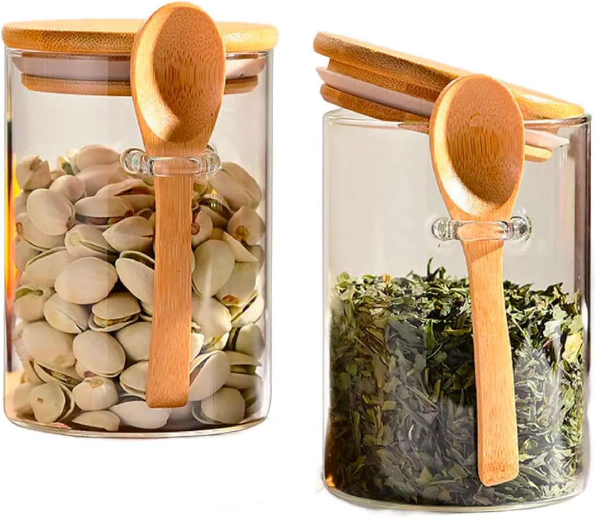 LUMAI Kit 2 Potes de Vidro Porta-mantimentos 550ml com Tampa de Bambu Hermética e Colher Acoplada, Frascos Recipientes Para Armazenar Café, Açúcar, Temperos, Potes Organizadores Cozinha Minimalista 1 LUMAI Kit 2 Potes de Vidro Porta mantimentos 550ml com Tampa