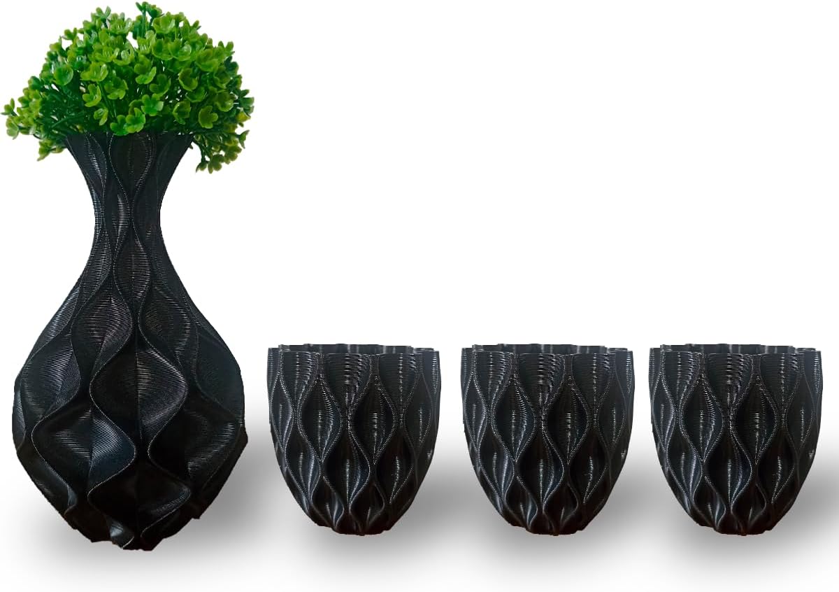 Vaso Ondulado + 3 Cachepots Para Suculentas Design Moderno (Preto) 1 Vaso Ondulado 3 Cachepots Para Suculentas Design Moderno Preto