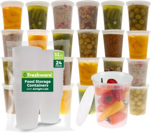 Freshware Recipientes de armazenamento de alimentos com tampas [pacote com 24, 947 g] – Recipientes de plástico, Deli, Slime, Sopa, Recipientes de preparação de refeição | Livre de BPA | Empilhável | À prova de vazamento | Seguro para microondas/máquina de lavar louça/freezer