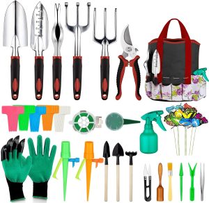 Tudoccy Conjunto de ferramentas de jardim com 83 peças, conjunto de ferramentas suculentas incluído, ferramentas de jardinagem de alumínio resistente para jardinagem, ferramentas ergonômicas, bolsa de armazenamento durável, ferramentas de presente para homens e mulheres (vermelho)