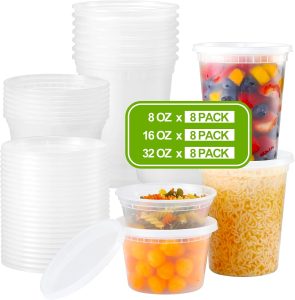 AOZITA 24 conjuntos de recipientes de plástico para alimentos com tampas, pacote de variedades de 8 onças, 16 onças e 32 onças, recipientes herméticos para armazenamento de alimentos, freeze
