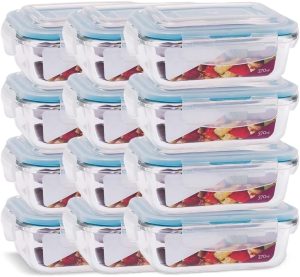Kit com 12 Potes de Vidro Hermético Retangular 370ml para Alimentos com Tampa de Vedação Silicone Azul, Recipiente Organizador para Cozinha, Geladeira, Freezer e Microondas, 15x11x6cm