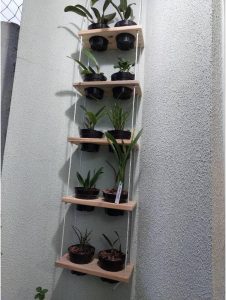 Floreira Vertical de Madeira Maciça com 5 Tábuas e 10 Vasos, para Parede, Jardim, Varanda