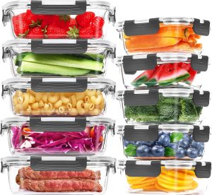 Kit 10x, Recipientes de Vidro Hermético Preparo de Refeições, Recipientes de Armazenamento Alimentos Tampas Herméticas, Recipientes de Vidro para Marmitas, Compatíveis com Micro-ondas, Forno