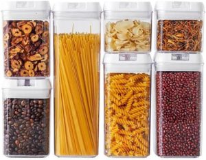Kit de Potes Herméticos – 7 Peças | Recipientes para Alimentos em Acrílico | Tampa com Fecho Seguro | Ideal para Cereais, Farinha e Organização da Despensa
