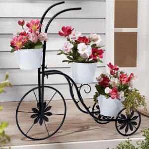 BAYN Suporte de plantador de bicicleta, suporte de carrinho de flores de metal para triciclo com 3 baldes de plantas, decoração externa para pátio, deck, jardim ou gramado